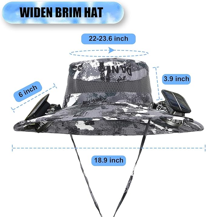 Solar Fan Sun Hat, Widen Brim Outdoor Fishing Men Hat with 2 Fans, Adjsutable 180°Rotating Cooling UPF 50+