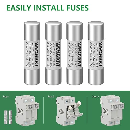 Wengart Solar Fuses WGPV-30,DC1000V 30Amp,10x38mm,I133kA,Fast Photovoltaic Fuses for Solar Photovoltaic Applications,10pcs
