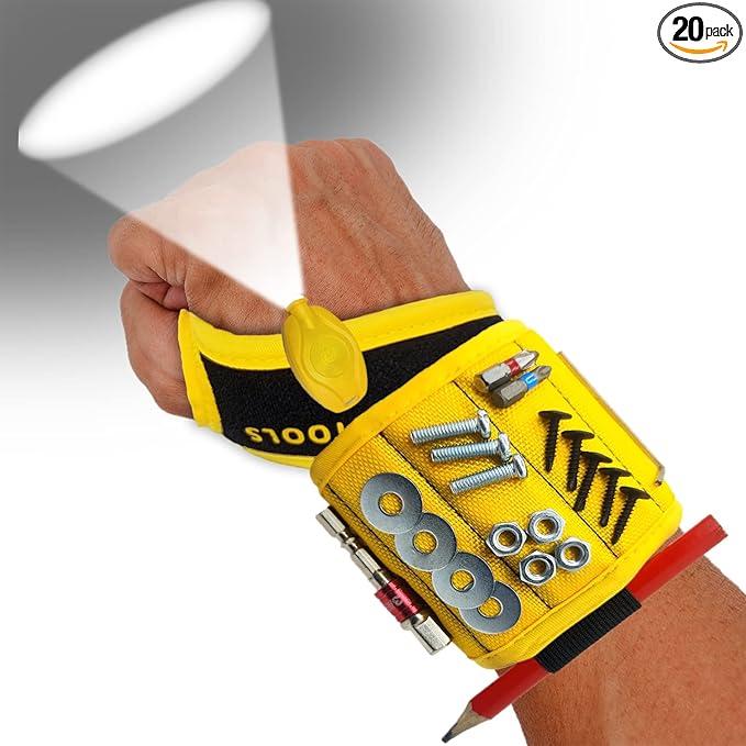 Magnetic Wristband with Flashlight and Tape Measure – Screw, Drill Bit, and Nail Holder with 20 Strong Magnet Pieces Increases Convenience for DIY, Carpenters, Mechanics, and More by MEBTOOLS