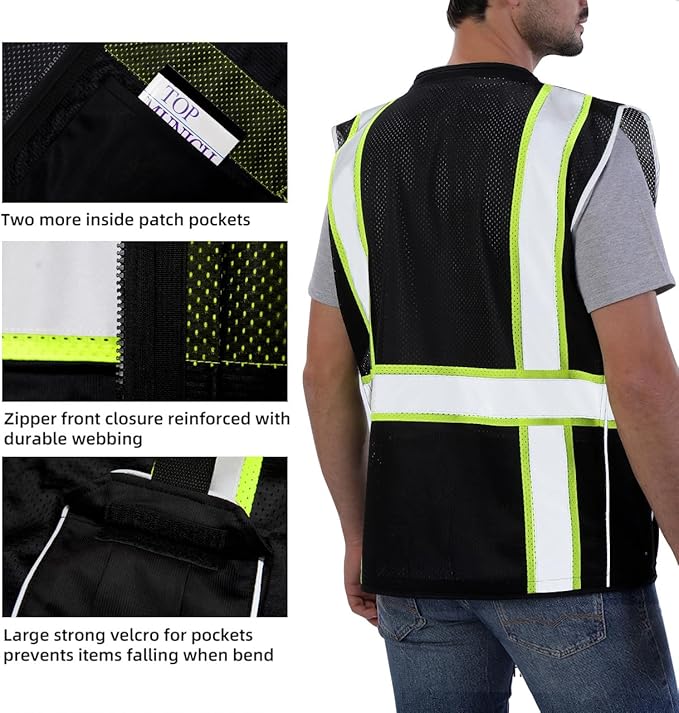 Dib Safety Reflective Vest Black Mesh, High Visibility Vest with Pockets and Zipper, Heavy Duty, Made with 3M Reflective Tape, M