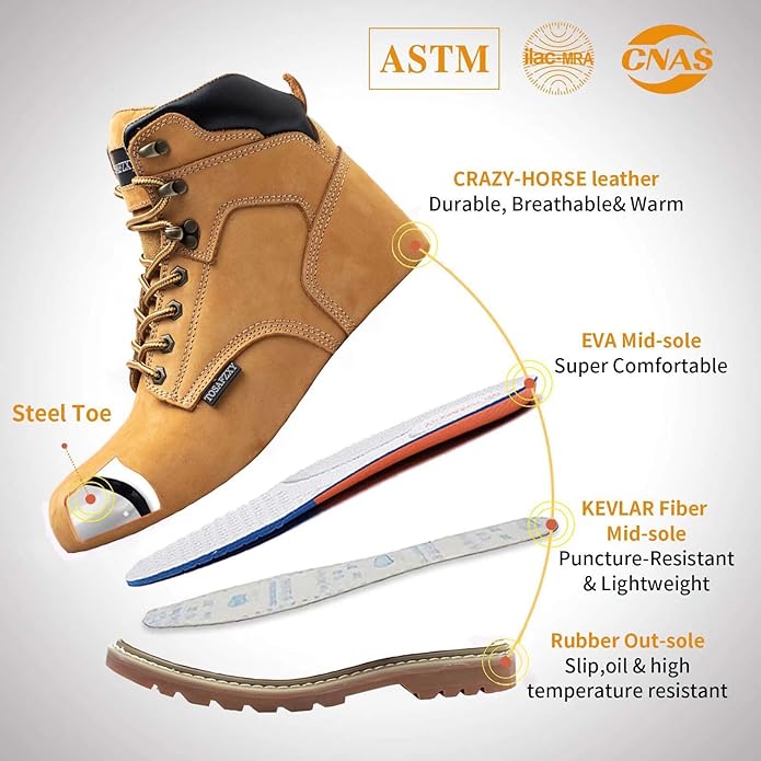 Work Safety Boots for Men Durable Crazy-Horse Leather Indestructible Steel Toe Waterproof and Non-Slip Better Warmth Men Work Shoes