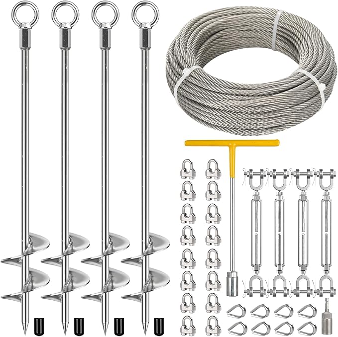 4 Pcs 30" Ground Anchors Heavy Duty with 50ft 1/4" Stainless Steel Cable & 4Pcs Turnbuckle, Fully Welded Ground Anchors Screw in Auger Earth Anchors for Sheds, Mobile Home, Tent, Swing Set