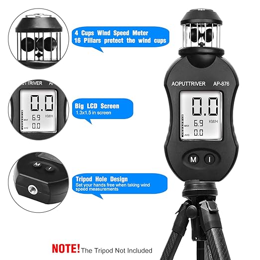 Anemometer Handheld Wind Direction Anemometer, AP-876 Wind Cup Anemometer Air Speed Meter Digital Anemometer for Measuring Air Speed Air Volume for HVAC Vents Boat Sailing Shooting
