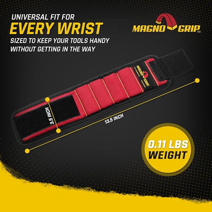 MagnoGrip Magnetic Wristband for Holding Screws, Nails, Drill Bits, Super Strong Magnets, Adjustable Strap, Essential Tool for DIYers, Handyman, Mechanics, Construction & Home Improvement - Red