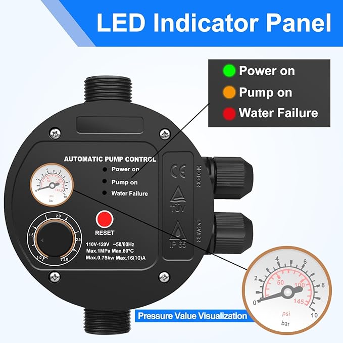 IP65 Automatic Pump Controller, Rotary Adjustment, Metal Pump Connector, Electronic Switch Control Water Pump Pressure Controller, 110V/0.75KW/1MPa,TÜV, Ideal for Home, Garden, and Industrial Use.