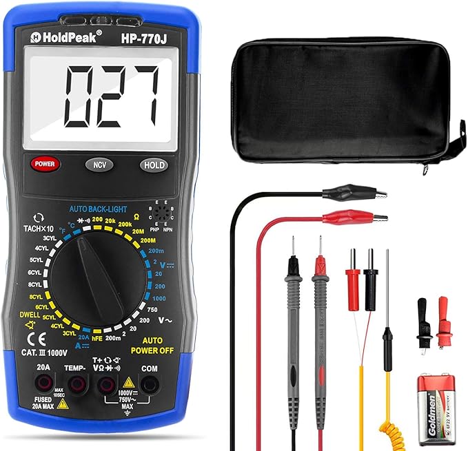Digital Multimeter HP-770J Automotive Multimeter Engine Analyser Manual Ranging NCV Multi Tester Voltmeter Measure Voltage+Current+Resistance+Temp+RPM+Dwell Angle with Data Hold+Backlight+Auto Off+℃/℉