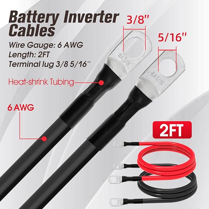 6 AWG Battery Cable 6AWG Gauge Battery Inverter Cables for Automotive Solar Marine Boat RV Car Motorcycle (6 AWG, 2FT, 3/8"+5/16")