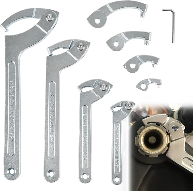 Sunluway Adjustable Pin Spanner Wrench Tool Set, 9 Pack C Spanner Nut Wrench Tools with Changeable Heads, Coilover Hook Wrenches for Suspension System Collar, Nut Adjustment, 3/4" to 6-7/10"