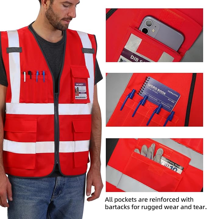 Dib Safety Reflective Vest ANSI Class 2, High Visibility Vest with Pockets and Zipper, Construction Work, Hi Vis