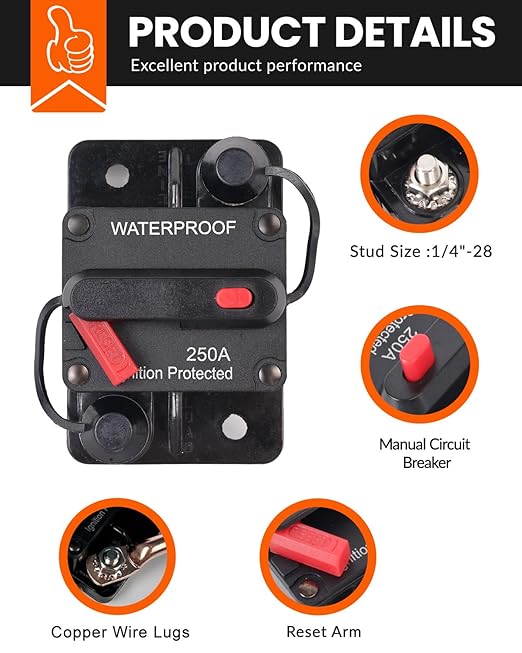 40Amp Circuit Breaker for Boat Trolling Motor Marine ATV Trailer Vehicles Stereo Audio Electronic Battery Solar System Inline Fuse with Manual Reset Switch Waterproof DC 12V-48V (40A)