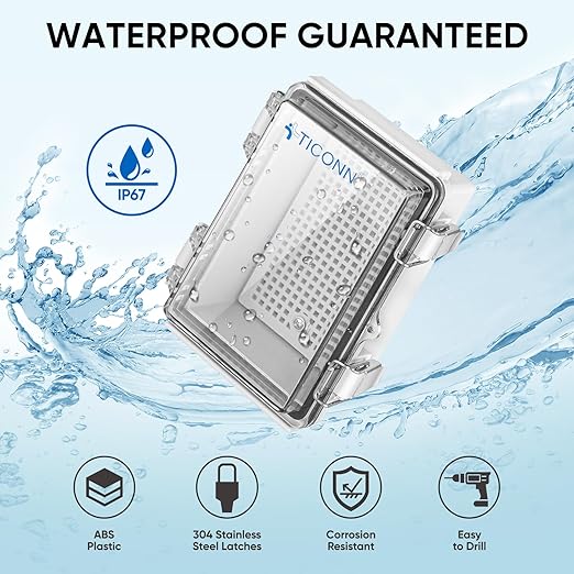 TICONN Outdoor Electrical Box Waterproof, Junction Box IP67 ABS Plastic Enclosure with Hinged Cover with Mounting Plate, Wall Brackets, Cable Glands (Clear, 5.9"x3.9"x2.8")
