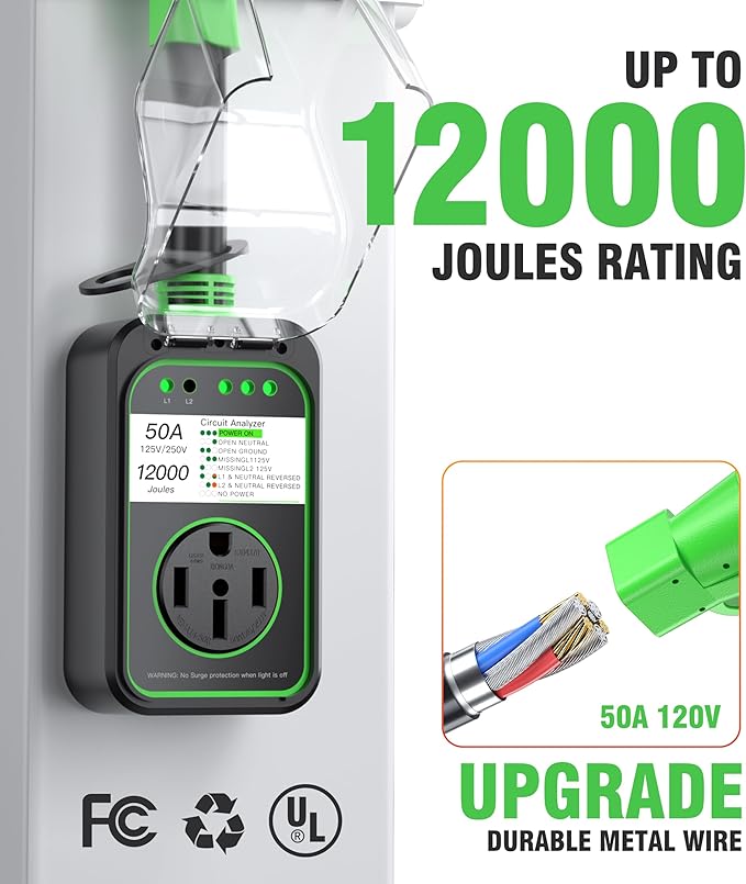 RV Surge Protector 50 Amp Waterproof, Upgraded 12000 Joules RV Power Protector （Safety-Certified）, RV Adapter Plug with Anti-Theft Cable Lock for Camper, Circuit Analyzer for Travel Trailers (Green)
