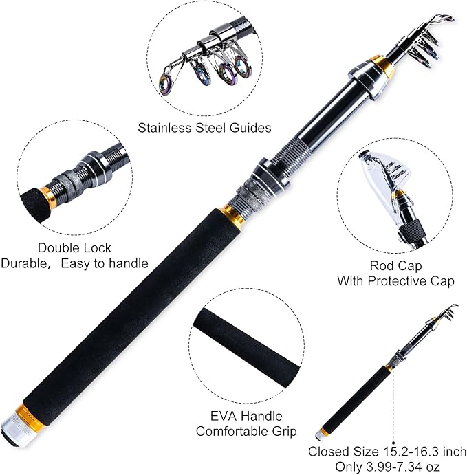 Goture Fishing Rod and Reel Combos, 1.8M-2.7M Carbon Fiber Telescopic Fishing Pole with Spinning Reel, Lures Set, 900D Carrier Bag, Travel Full Kit for Freshwater Saltwater, Beginners & Anglers