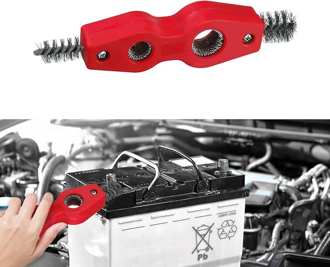 4 in 1 Car Battery Cleaning Brush, Battery Terminal Brush, Anti-Rust Auto Battery Cleaner with Steel Wire, Car Accessories Vehicle Machine Parts Cleaning Tools Fit for Auto Marine (Red)