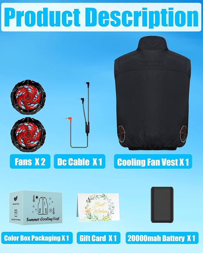 Cooling Vest Jacket with 2 Fans - Men and Women 21V Air Conditioner Vests, With 20000mAh Battery