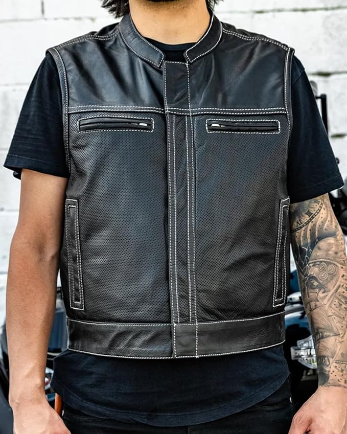 First Mfg Co Lowrider Mens Motorcycle Biker Riding Armor Club Style Black Leather, Twill, Moto Mesh, Perforated Vest