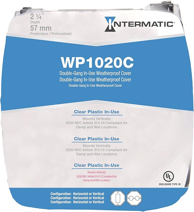 Intermatic WP1020C 2-1/4” Deep Weatherproof Outlet Cover – UV Stabilized Clear, GFCI & Duplex, Vertical Mount, UL Certified – Fits Single Device Only for Larger Double-Gang 4” x 4” Boxes