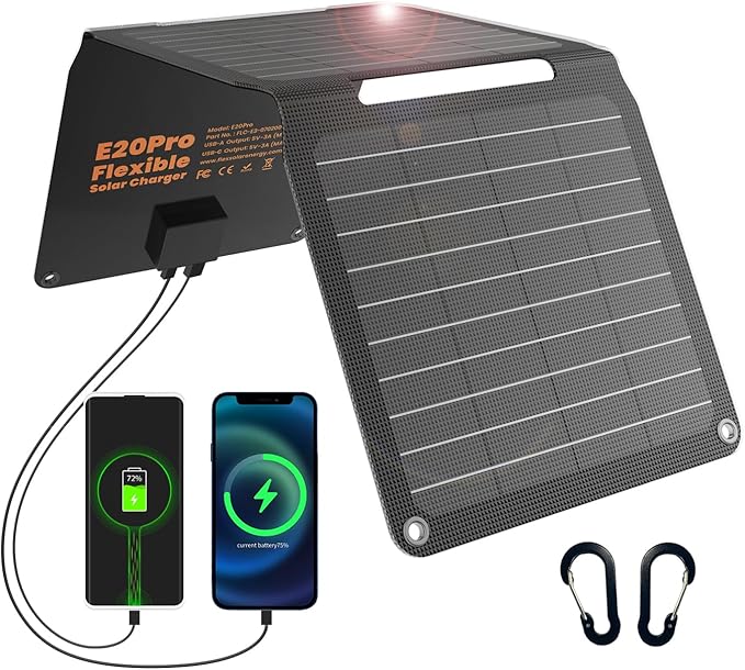 [Upgraded] FlexSolar 20W Portable Solar Panel, High Efficiency ETFE Foldable Panels with 5V USB A/USB C Ports, IP67 Waterproof Power Emergency Solar Charger for Phone Power Bank Camping Backpacking
