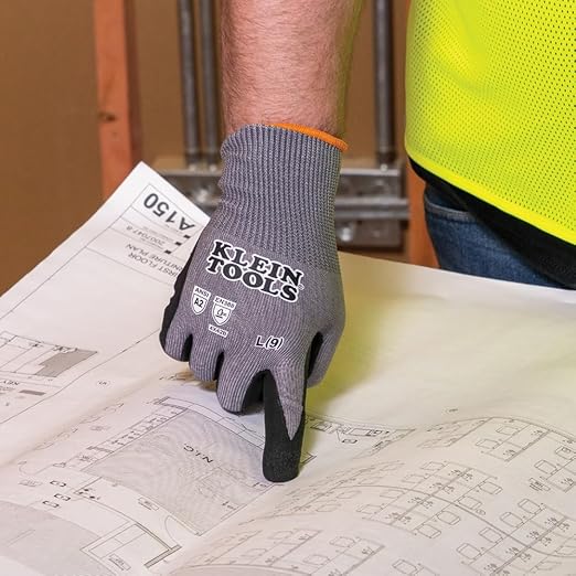 KLEIN TOOLS 60585 Work Gloves, Knit Dipped Cut Resistant ANSI A2 Nitrile Coated Gloves, HPPE Fabric, Touchscreen Capable, Large, 2-Pair