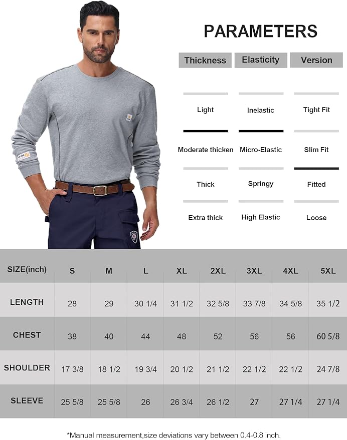 FR Shirts for Men CAT2/HRC2 6.5oz Lightweight Fire Resistant Shirts for Men Long Sleeve Crewneck T-Shirt