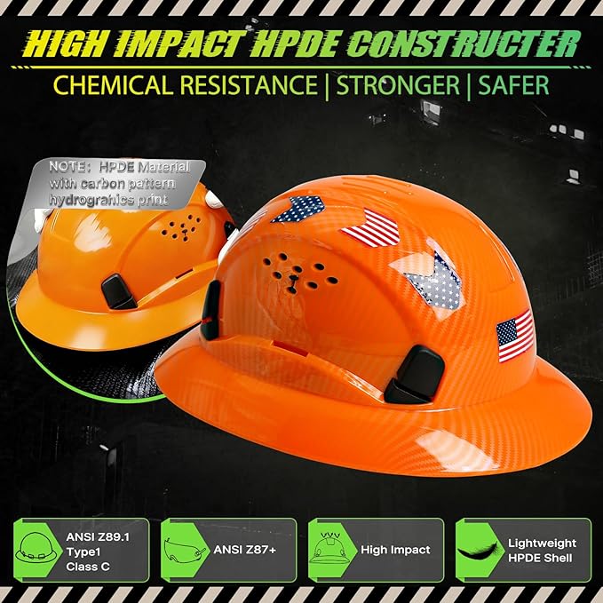 Carbon Fiber Pattern Full Brim Hard Hat with Visor-OSHA Approved Construction Safety Helmet for Men Women,ANSI Z89.1 Vented Reflective Hardhat with Hard Hat Chin Strap,6-Point Suspension