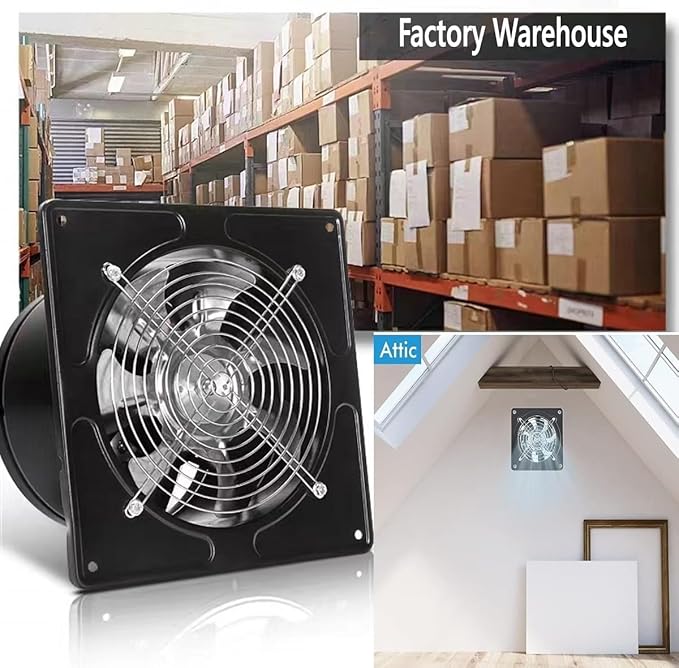 8 Inch Exhaust Fan Metal Ventilation Fan With Switch Window And Wall Mounted Extractor Warehouse Fan With Check Valve For Kitchen, Attic, Garage(Black)