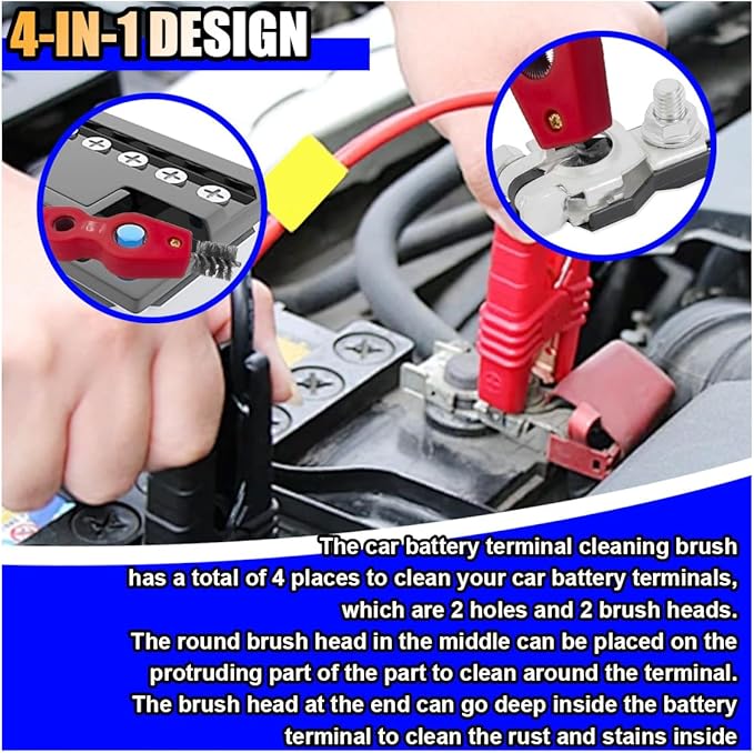 4 in 1 Car Battery Terminal Cleaner, Car Battery Post Cleaner, Anti-Rust Car Battery Terminals Machine Parts Cleaning Brush, Universal Car Cleaning Tool Accessories (Red, 1PC)