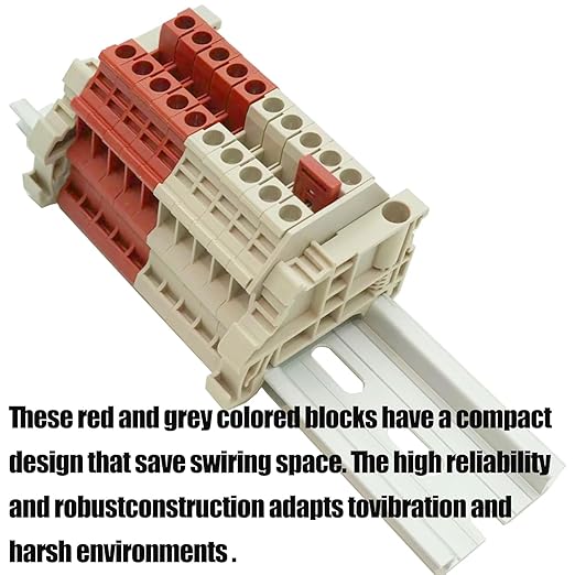 UL Red/Grey 10 Gang DIN Rail Terminal Blocks, with (8) 2P Jumpers,Dinkle DK4N 10-22 AWG, 30 Amp, 600 Volt