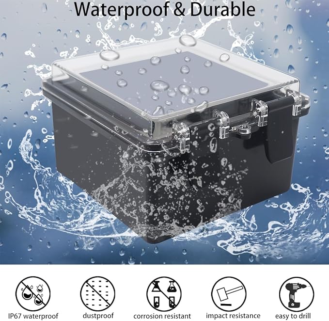 Junction Box, Hinged Black Clear Cover IP67 Waterproof ABS Project Box with Mounting Plate Electrical Box Enclosure with Wall Bracket 5.9 x 5.9 x 3.5inch(150x150x90mm)