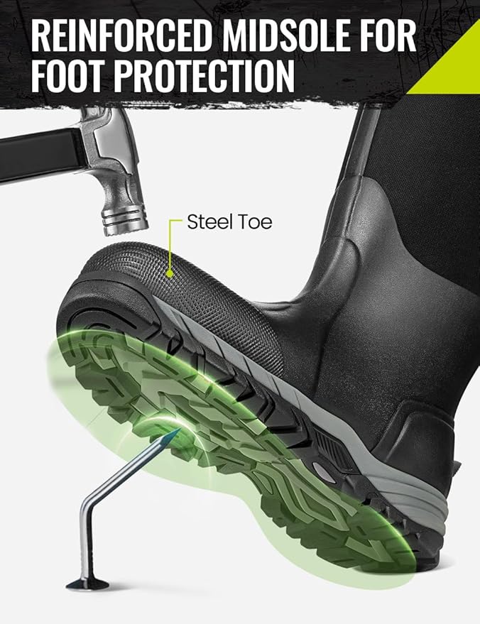 TIDEWE Work Boots Puncture-Proof with Steel Toe & Shank, Waterproof Anti Slip Rubber Boots for men, 6mm Neoprene Outdoor Boots, Durable Hunting Boots for Manufacturing, Construction, Farming(Black,Size 7-13)
