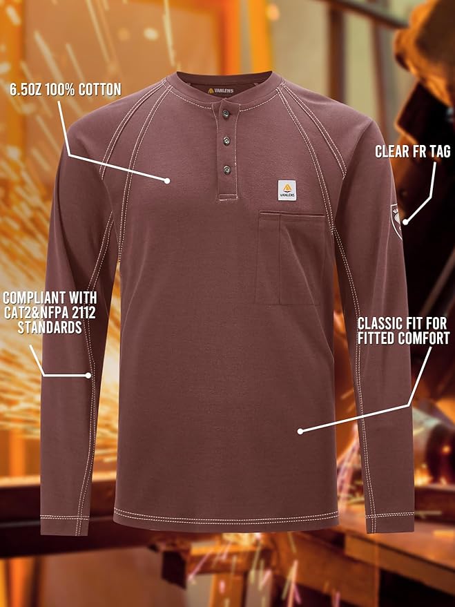 FR Shirts for Men Light Weight Flame Resistant Henley Shirts Long Sleeve Shirts HRC2/CAT2 6.5oz 100% Cotton