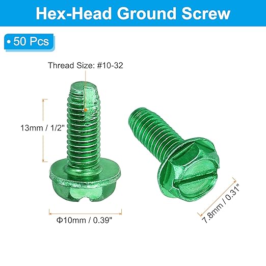 PATIKIL 10-32 x 1/2 Inch Self Tapping Ground Screws, 50 Pack Green Grounding Hex Flanged Head for Electrical Junction Boxes, Metal Outlet and Switch Boxes