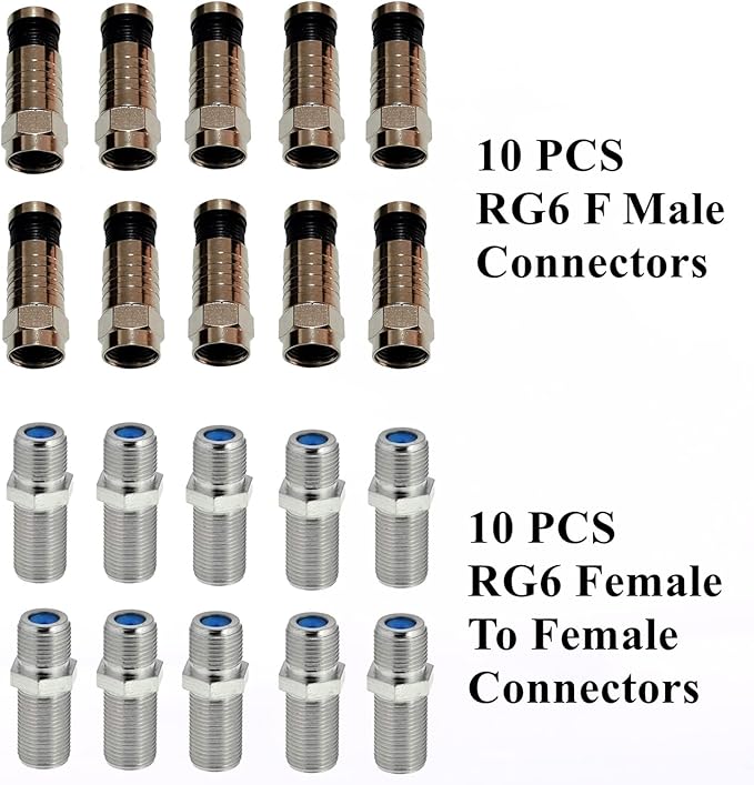 Coax Cable Crimper Tool Kit, Coaxial Compression Tool for rg6 rg59 rg11 with 1 Wire Stripper, 10pcs F Male rg6 Connectors And 10pcs Female to Female rg6 Connectors, 1 Screwdriver