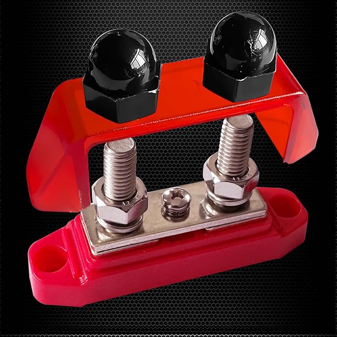 Ampper 5/16" Power Distribution Block Bus Bar 12V 200A, Dual Studs M8 Busbar Battery Junction Post Distribution Block with 1 x M4 Screw Terminal (Red and Black)
