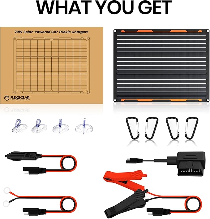 FlexSolar 20W 12V Solar Panel Battery Charger Maintainer Kits Trickle Charger with Built-in Charge Controller, Cigarette Lighter, Alligator Clips, O-Rings OBDII Connector for Car, Truck,Tractor, Boat