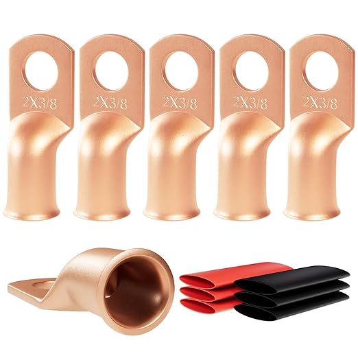 6pcs 2 Awg - 3/8" (M10) Sanuke Wire Lugs Ring Terminal Connectors Ends Heavy Duty for Battery Cable Lug Wire Electrical Eyelets with 3:1 Dual Wall Adhesive Heat Shrink