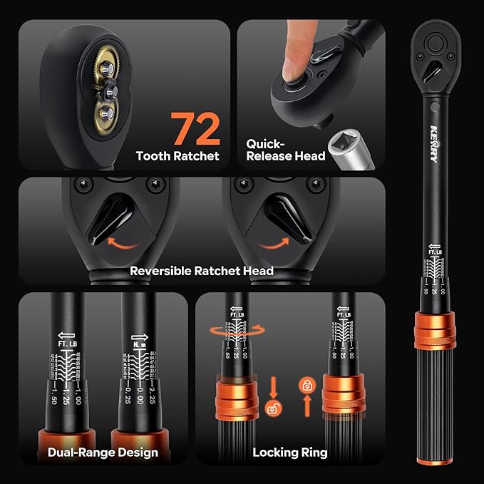 Kerry 1/4 3/8 1/2-Inch 3PCS Drive Click Torque Wrench Set, 3% Accuracy 20-240 in.Lb, 5-45 ft.Lb, 20-160 ft.Lb Dual-Scales Precision Tool, 72 Tooth Dual-Direction Calibrated Torque Tool for Bike, Car