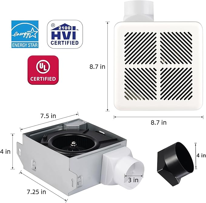 Tech Drive Very Quiet Bathroom Exhaust Fan - 60 CFM/50 CFM, 3&4-Inch Duct Included, No Attic Access Needed, Energy Star, Easy to Install, Ceiling Mounted for Bathrooms Up to 55 Sq. Ft, White