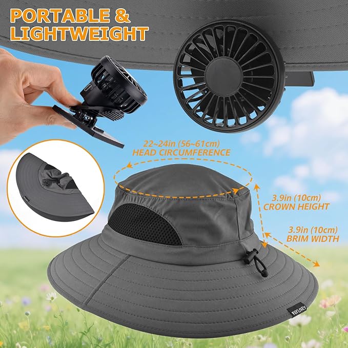 EINSKEY Solar Powered Fan Hat, UPF50+ Wide Brim Bucket Hat with Ultralight Clip-On Fans for Outdoor Hiking Fishing Gardening