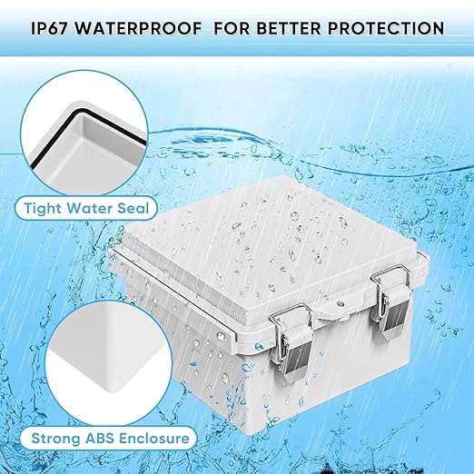 Waterproof Junction Box ABS Plastic, Outdoor Electrical Box IP67 Hinged Cover Project Box with Mounting Plate Wall Brackets and 2 Cable Glands, Grey Electrical Enclosure 5.9"x5.9"x3.5"