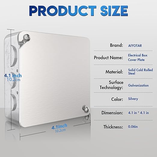 Metal Electrical Box Cover Plates, 6Pcs Junction Box Covers, 4x4 Inch Square Flat Blank Electric Box Cover, Solid Galvanized Steel Outlet Box Covers for 4'' Electrical Square/Octagonal Box