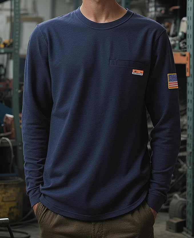 VATRENUS FR Shirt for Men Crewneck Midweight Utility Pocket Fire Resistant Long Sleeve Work Shirts NFPA2112 CAT2