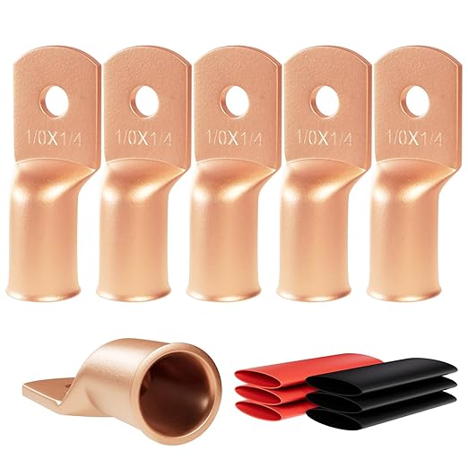 6pcs 1/0 Awg - 1/4" (M6) Sanuke Wire Lugs Ring Terminal Connectors Ends Heavy Duty for Battery Cable Lug Wire Electrical Eyelets with 3:1 Dual Wall Adhesive Heat Shrink