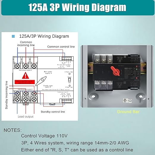 Automatic Transfer Switch, 125 Amp 3 Pole Auto Transfer Switch for Home Generator, 120/240-Volt 30,000W Stronger Stability, for Outdoor and Indoor with Ground, General 60HZ
