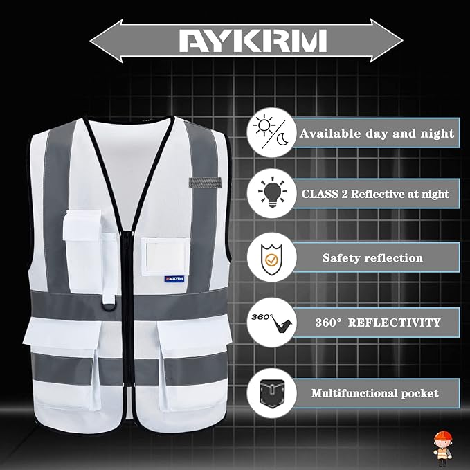 A-SAFETY 4XL-5XL,Hi Reflective Safety Vest,Hi Vis Bright Neon Colors Safety Vest with 4 Reflective Strips 7 Pockets(White)