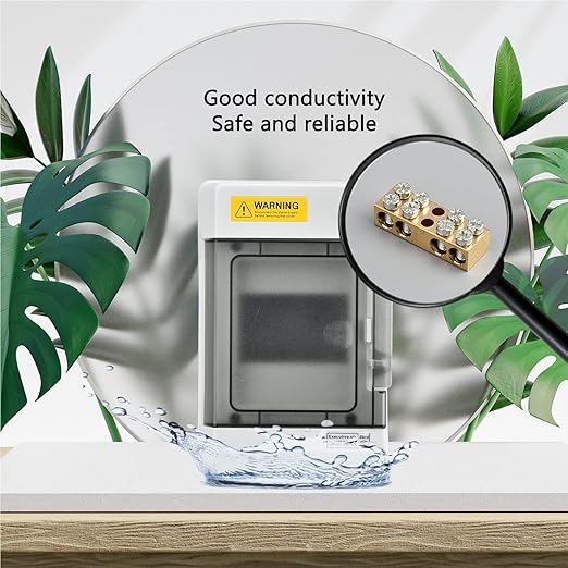 Waterproof 4 Way Breaker Box IP66 PC/ABS Alloy Plastic Power Distribution Box Enclosure with Clear Cover, Bus Bars and DIN Rail