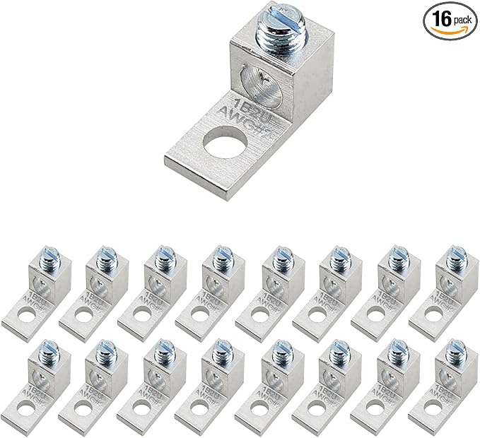 Aluminum Mechanical Lugs 16Pcs, 5/16"-24 Stud Size with 1/4" Mounting Hole, for 14-2 AWG Wire, Tin-Plated Cable Lugs for Solar Grounding, Battery, Electrical Panel, Junction Box