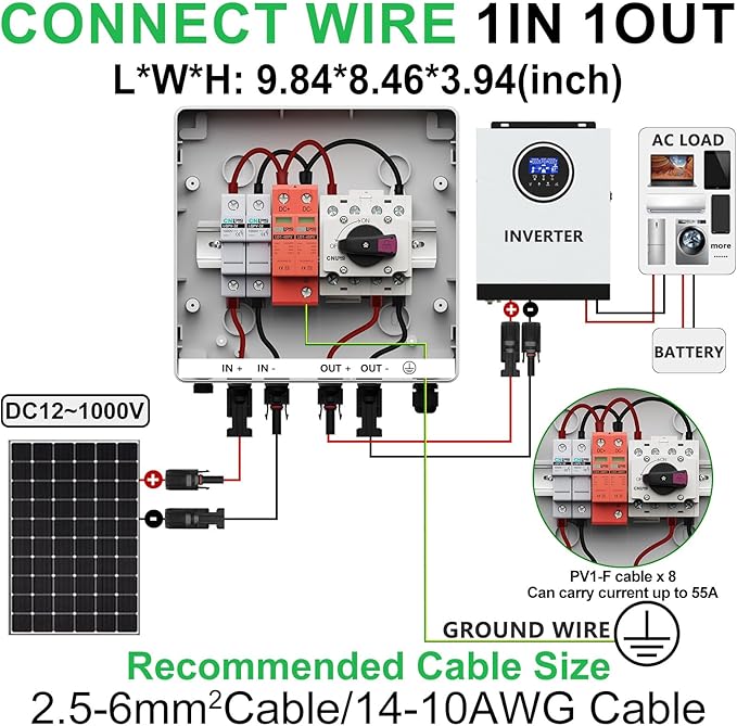 IP65 Solar PV Combiner Box DC1000V 32A Circuit Breaker with Surge Protector and 15A PV Fuses, 1in 1out Disconnect Switch Outdoor Waterproof for Solar Panels System