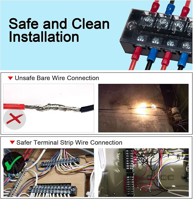 MILAPEAK Terminal Block and Strip - 6 Sets 8/10/12 Positions 600V 25A Dual Row Wire Screw Terminal Strip Block with Cover + 400V 25A Pre-Insulated Terminals Barrier Strips Jumpers (Black & Red)