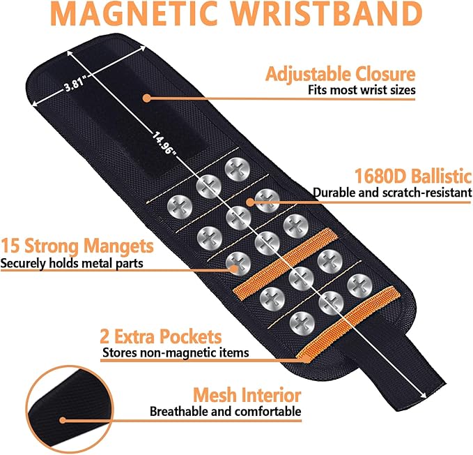 Magnetic Wristband for Tools, Screws, Nails and Drill Bits, Made from 15 Strong Magnets, Wrist Magnetic Screw Holder, Christmas Gift Ideas, Tool Gifts for Men, Dad, Husband, Grandpa, Handyman